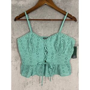 Wild Fable Cami Top Sz M Green Eyelet Lace Up‎ Coquette Peplum Cottagecore Boho